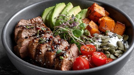 Delicious beef bowl with avocado, sweet potatoes, and fresh vegetables