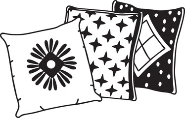 Decorative Trio: A collection of three pillows with unique patterns. Designed in a simple, graphic style, these cushions add flair.