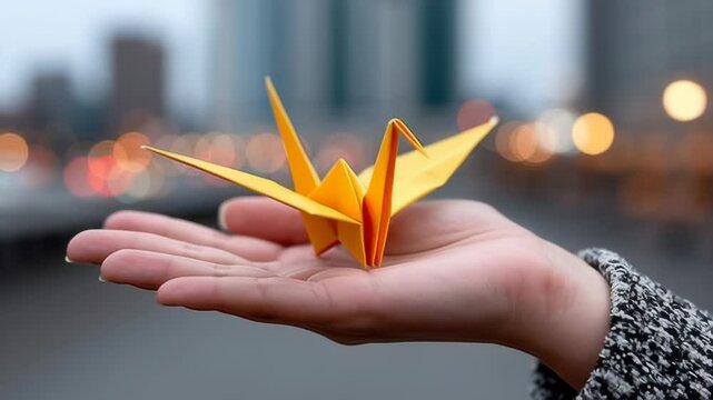 Person is holding a yellow origami bird in their hand. Concept of creativity and artistry, as the person has crafted the bird out of paper. The bird's bright color