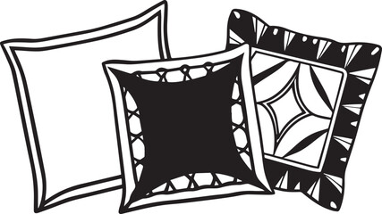 Monochrome Cushion Trio: Simple black and white cushions arranged together in a decorative pattern on a white space, suitable for graphic design elements.