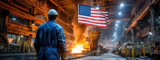 Worker observes molten metal in steel mill with American flag backdrop at dusk in industrial facility