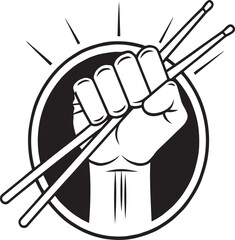 Rhythm's Grasp: A bold monochrome illustration of a clenched fist, holding a pair of drumsticks with dynamic flair. The iconic emblem conveys passion, rhythmic energy and musicality.