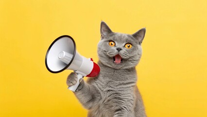 Art collage. A crazy cat with a megaphone. Promotion, action, ad, job questions, discussion. Vacancy. Business concept, communication, generative ai. information, news, boss, team media relations.