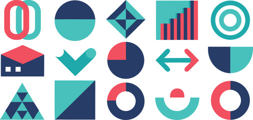 Vector art of a collection of modern flat graphic icons and symbols in various abstract shapes.