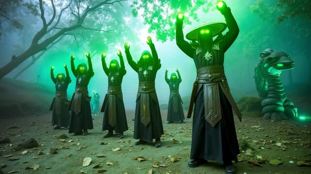 A group of people standing in a forest with green lights