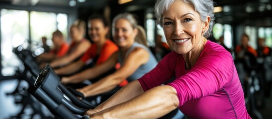 Dedicated senior woman leading a spin class with active lifestyle and fitness routine