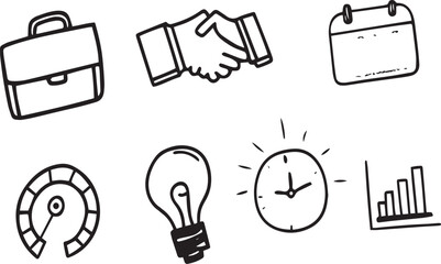 Business doodles: various business concept in hand drawn design such as business briefcase and hand shake and graph bar and bulb idea and clock time 
