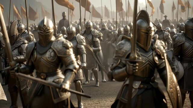 A group of knights standing in a line with swords and shields