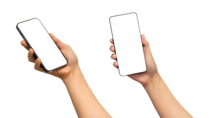 Asian woman holding smartphone in hand with blank screen isolated on white background.