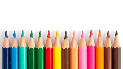 Vibrant Colored Pencils Arranged in a Row on White Background;  Bright, Cheerful, Creative Art Supplies.