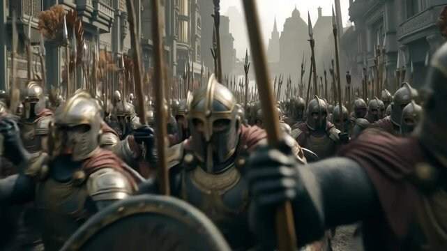 A group of men dressed in armor marching down a city street
