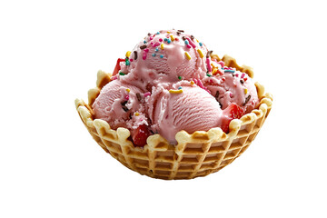 Crispy waffle bowl filled with strawberry ice cream and sprinkles, isolated on transparent background