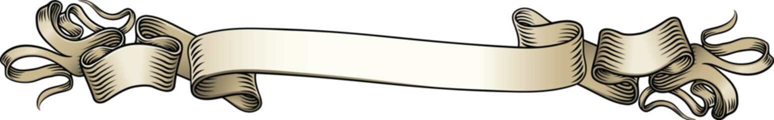 A scroll or banner ribbon paper parchment design element in a vintage woodcut etching style.