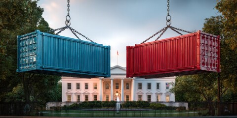 Shipping containers are lifted over a historic building in a vibrant display of commerce and industry in the heart of the city