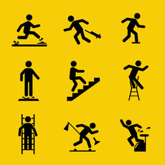 Safety icons depicting various workplace accidents and hazards, including slips, trips, falls, and ladder use.