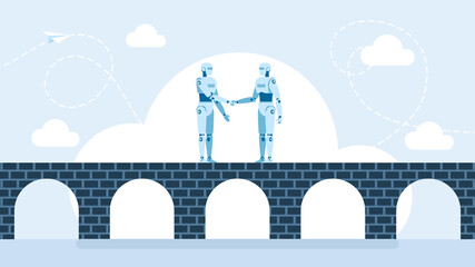 Robot handshake connecting. Two robots shake hands on the background of a bridge. Robot handshake connecting with modern technology. Cooperation concept of technology for business. Flat illustration