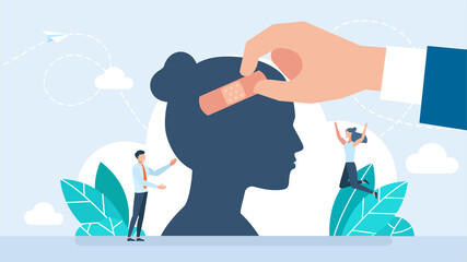 A hand is applying a plaster to a woman's head. Female head and brain covered with plaster. Concept of mental health, dementia, headache. Head trauma, amnesia illustration. Flat illustration