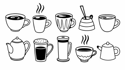 Collection of hand drawn coffee and tea cups with teapots