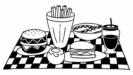 Classic american diner meal with burgers fries and a drink
