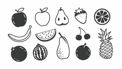 Collection of hand drawn fruit icons in black and white style