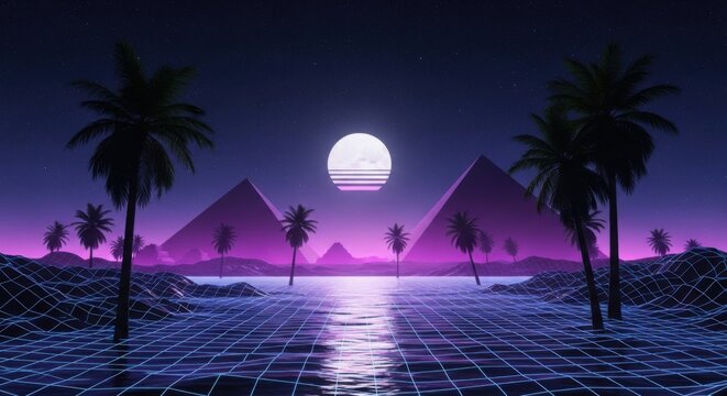 Retro Futuristic Pyramid Landscape Under a Digital Sunset