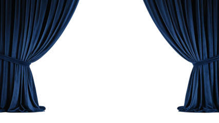 Elegant dark blue velvet curtains pulled back on a black background
