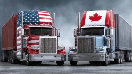 Trucks showcasing American and Canadian flags in a dramatic setting with a cloudy backdrop