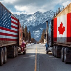 Trucks displaying national flags traverse a scenic highway through majestic mountains in a serene natural environment