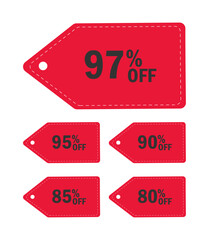Collection of red sale tags featuring percentage discounts off
