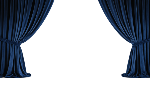 Elegant dark blue velvet curtains pulled back on a black background