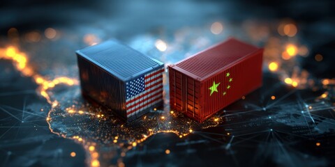 Trade relations between the United States and China symbolized by cargo containers on a digital map