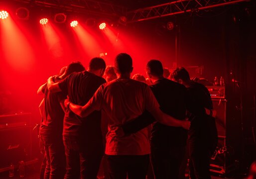 Bandmates Huddle in Red Stage Light - Powered by Adobe