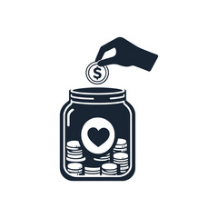 Hand putting a dollar coin in a donation jar with a heart symbol. Charity and fundraising concept. Vector silhouette icon for philanthropy and community support