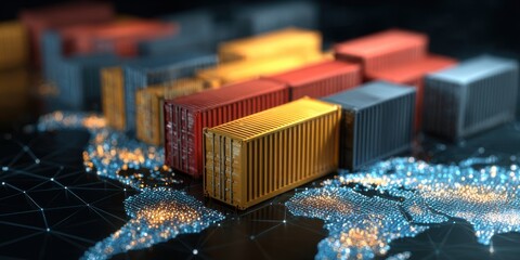Colorful shipping containers scattered over a digital map depicting global trade networks and logistics