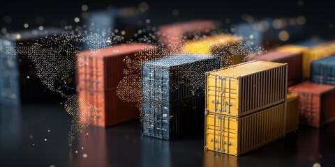 Shipping containers arranged with a world map background illustrating global trade and logistics networks at night