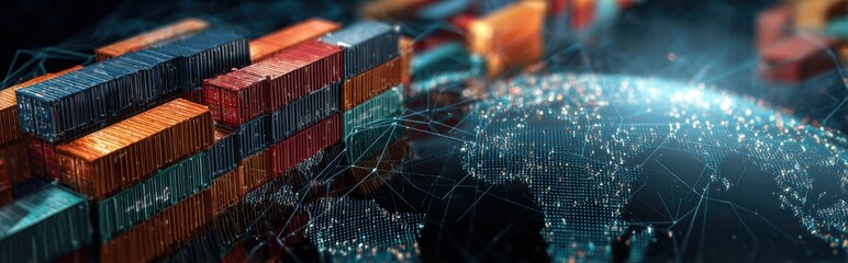 Global shipping containers interconnected with digital networks represent modern trade and logistics innovation