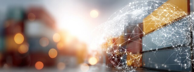 Logistics network visualization over shipping containers in a busy port during sunset