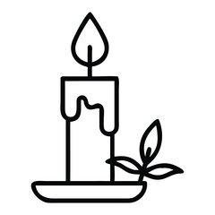 Vector illustration of a lit candle with a leafy element in black and white