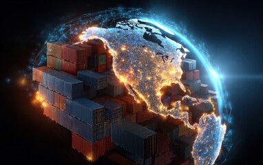 Global shipping network visual depicting North America and illuminated cargo containers