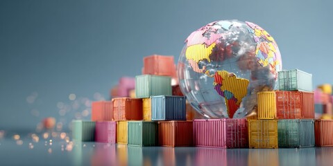 Colorful shipping containers surround a transparent globe depicting a world map in a modern warehouse setting