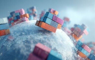 Global shipping and logistics with shipping containers floating above the earth's surface