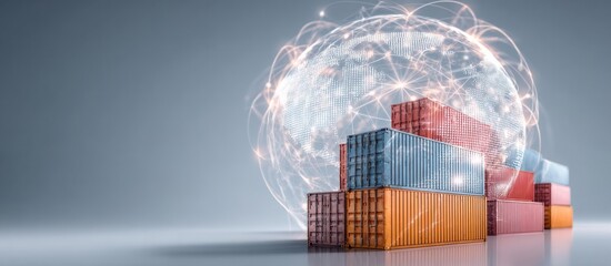 Shipping containers stacked with a digital global network background illustrating international trade and logistics