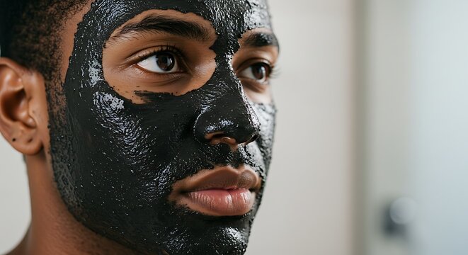 Close-up portrait of a young person with a dark charcoal face mask applied, showcasing skincare routine.