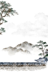 한국의 전통 가옥인 한옥을 주제로 한 다양환 풍경을 수묵화 기법으로 그린 손그림 일러스트.