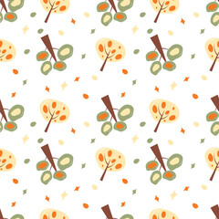 Trees on a white stripe background. Autumn seamless pattern for clothing, fabric, wallpaper, backdrop, home decoration, cover book, and wall art.