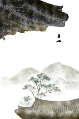 한국의 전통 가옥인 한옥을 주제로 한 다양환 풍경을 수묵화 기법으로 그린 손그림 일러스트.