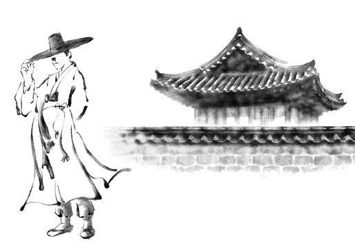 한국의 전통 가옥인 한옥을 주제로 한 다양환 풍경을 수묵화 기법으로 그린 손그림 일러스트.