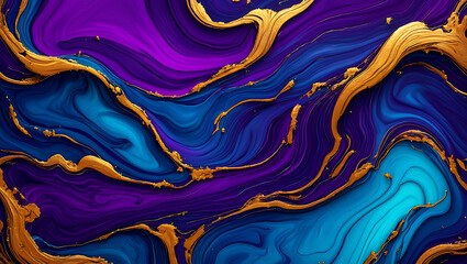 Abstract Fluid Art: Luxurious Purple, Blue, and Gold Swirls; Elegant, Modern Background Texture.