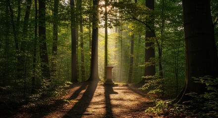 Obraz premium Sunlight filtering through the tall trees in a dense forest creating a magical atmosphere along a winding path