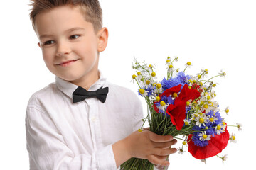 Cute little boy with bouquet of beautiful flowers on white background
